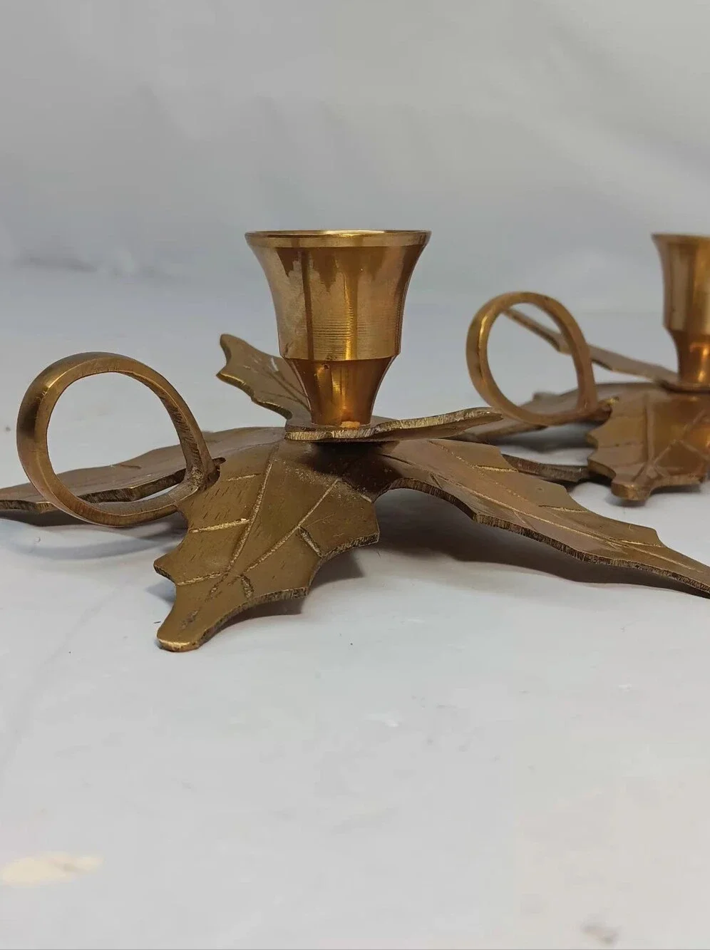 Vtg. Pair Of Brass Holly Candlestick Holders Made In India